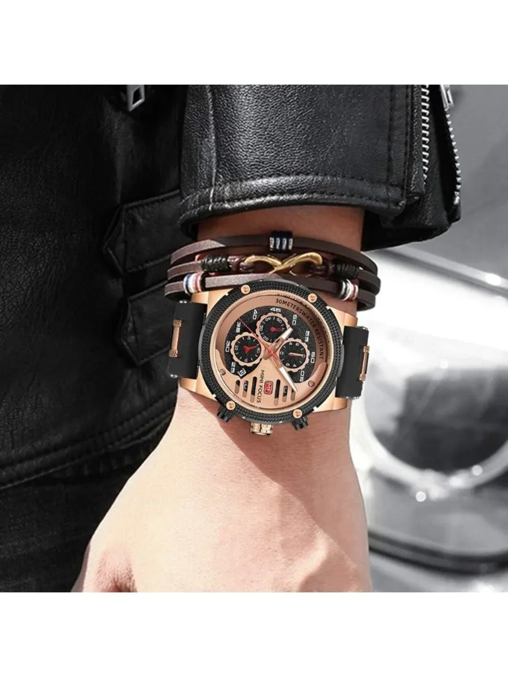 Men's Rose Black Chronograph Waterproof Sport Military Analog Quartz Wristwatch